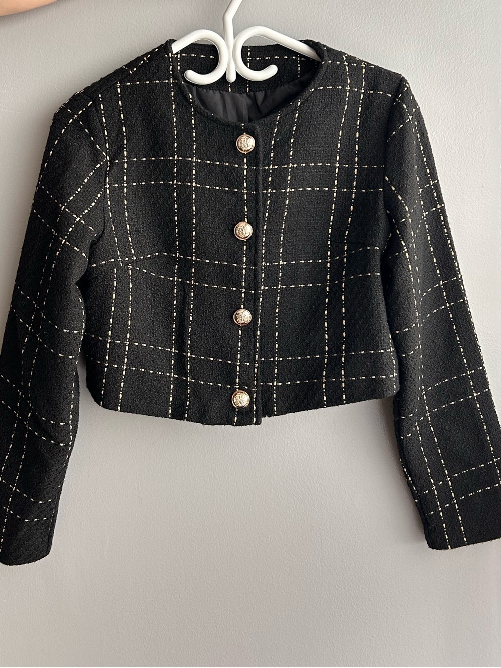 SHEIN Black Windowpane Cropped Tweed Blazer with Gold Buttons